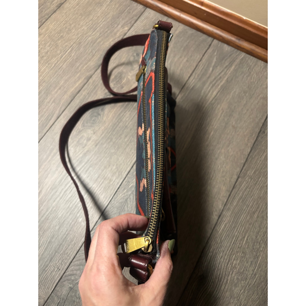 Fossil Kinley Crossbody Bag Boho Print Canvas Leather Multi Textile Burgundy OS - Picture 12 of 16